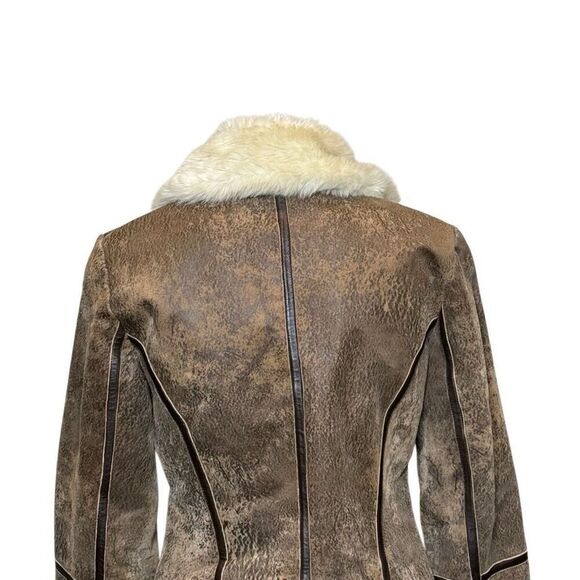 Express vintage Y2K brown leather faux fur lined zip up jacket size 8 - Picture 7 of 13